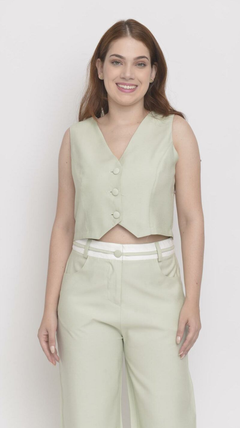 Imagem de Conjunto Verde de Alfaiataria Feminino: Calça Reta com Listras no Cós e Colete para Elegância e Estilo Moderno